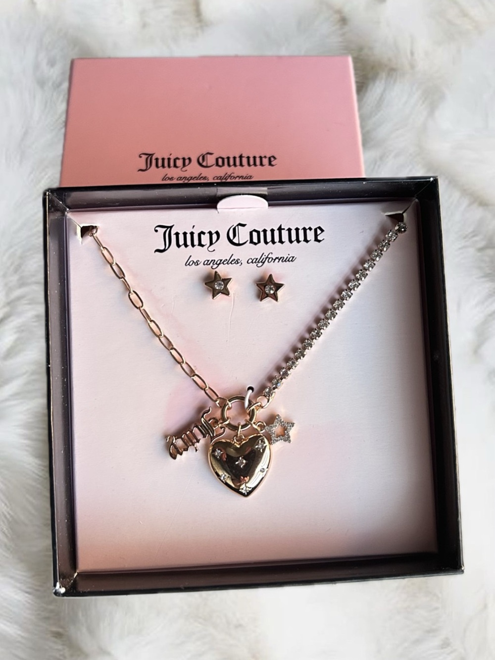 Juicy Couture Gold Heart & Star Charm Necklace with Crystal Chain